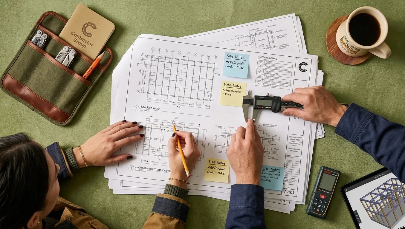 Subcontractors marking up coordinated site plans with trade notes, measuring tools, and a 3D model on tablet